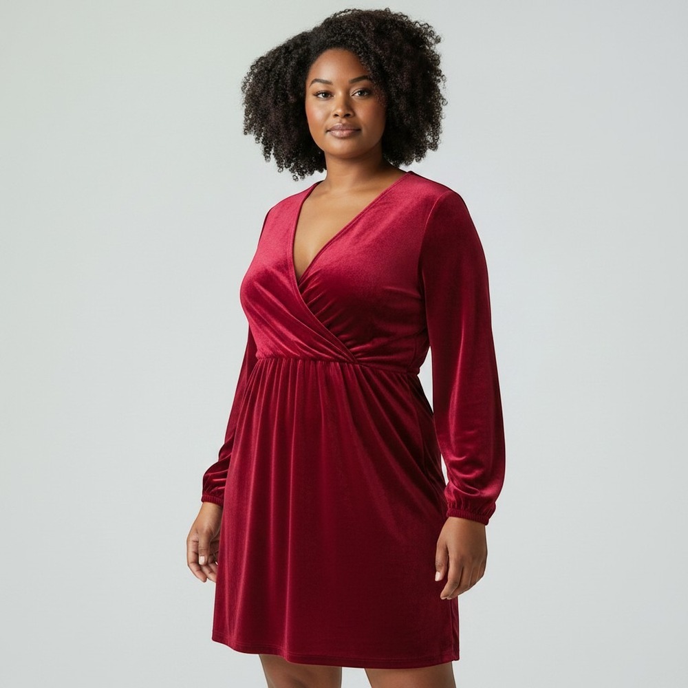 NEW Nine West Wrap Dress Women 4X‎ Burgundy Velvet Long Sleeve V-Neck Festive